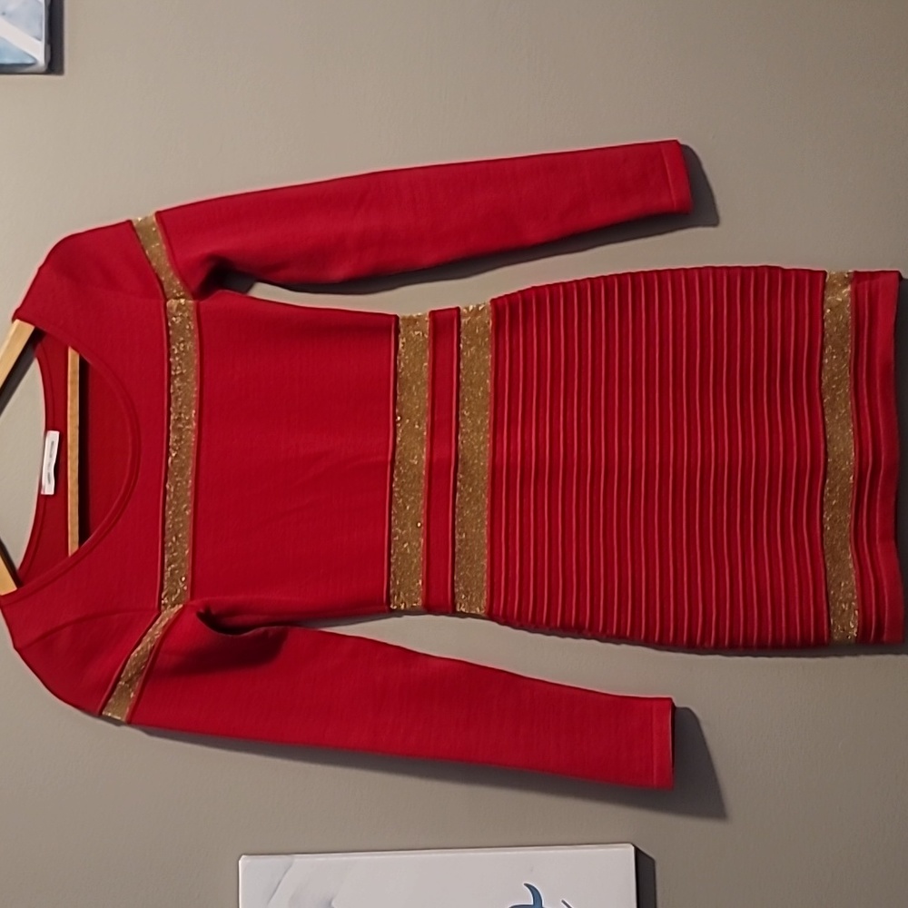 Long sleeve red and gold dress
